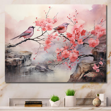 Sakura Pink birds on pink blossom tree - Pink Bird Wall Art